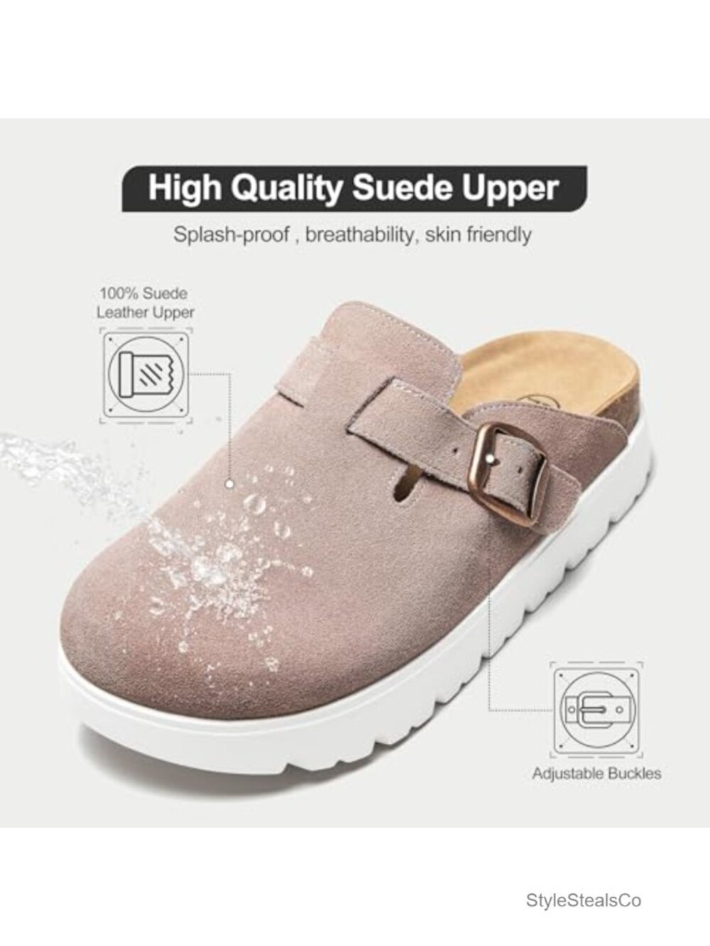 Suede Clogs Non-Slip Slip-On Mules Platform Sandals Arch Support Adjustable - Picture 2 of 6